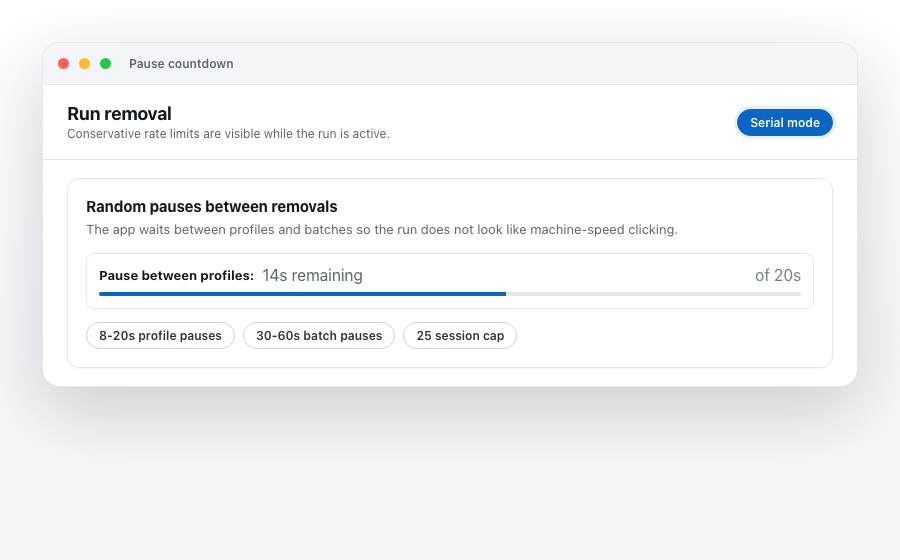 Rate-limit pause countdown between LinkedIn removals
