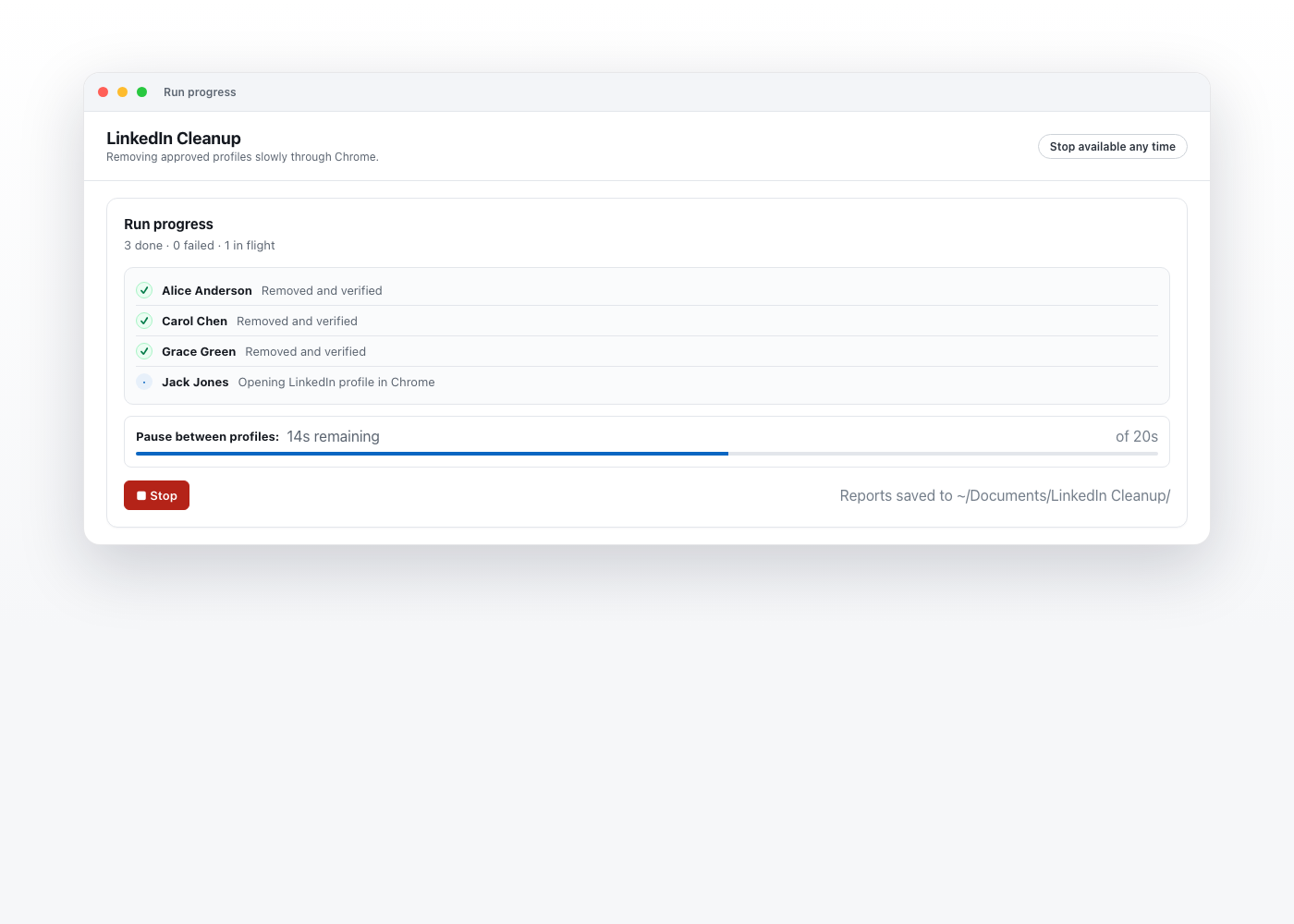 LinkedIn Cleanup run progress with pause countdown and rate-limit wait bar