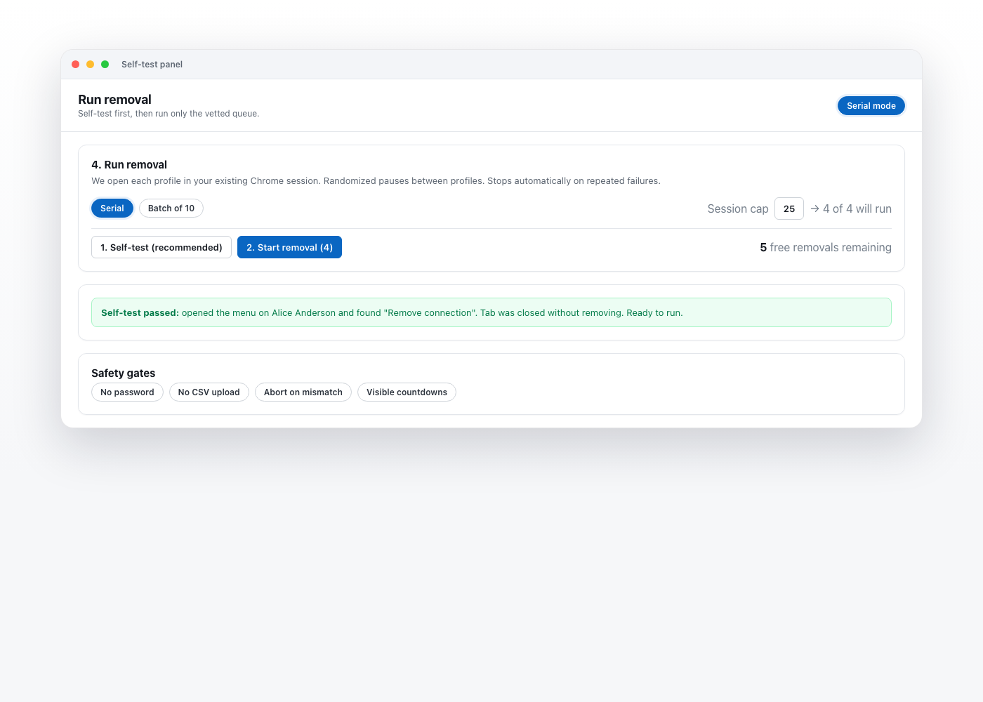 LinkedIn Cleanup self-test panel showing a passed safety check before removal