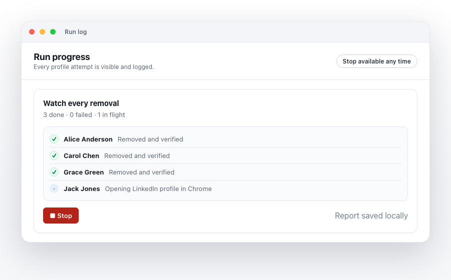 LinkedIn Cleanup run log showing completed and in-flight removals